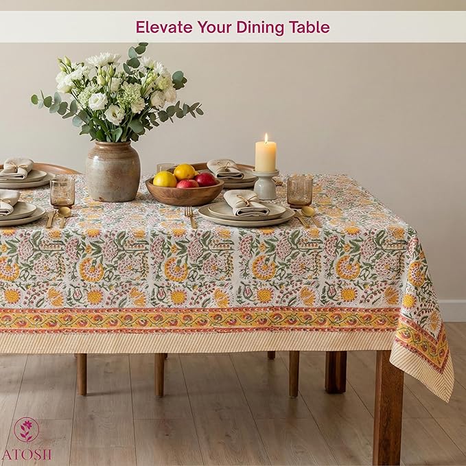 ATOSII Clover Yellow 100% Cotton Rectangle Fall Tablecloth, Handblock Floral Print Linen Table Cloth for Kitchen Dining I Parties, Weddings, Outdoors, Christmas, Thanksgiving Decor 60 X 108 Inches