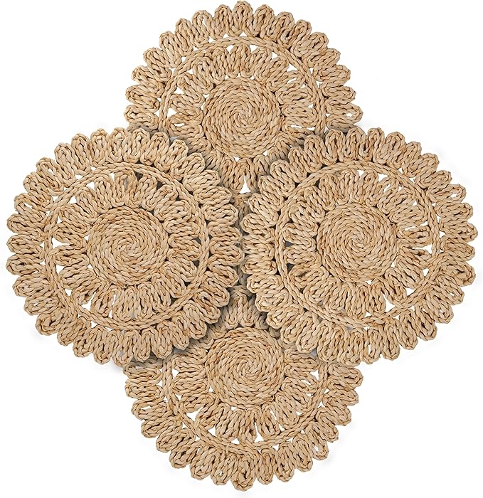 11.8" Corn Husk Woven Round Placemats Set of 4 - Wicker Boho Farmhouse Placemats - Rattan Table Mats Like Water Hyacinth for Dining Table, Wedding, Home