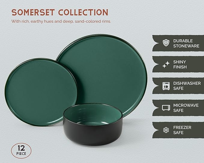 Dinnerware Set, 12 Piece Service for 4, Vase and Vessel, Ceramic 10.5” Dinner Plates, 8.2” Salad Plates and 20 oz Bowls, Stoneware, Somerset Collection (Black/Jade)