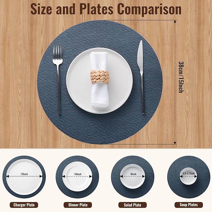 Jovono 15" Faux Leather Big Round Placemats Set of 6 - Washable Heat Resistant Non-Slip Dining Table Mats with Fabric Texture for Kitchen Home Party Decor, Blue