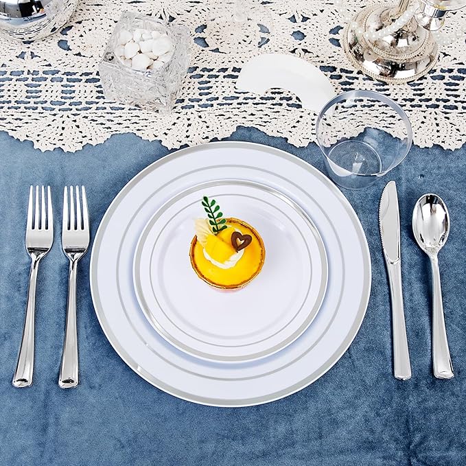WELLIFE 450 PCS Silver Disposable Dinnerware Set for 75 Guests, Wedding Plates Silver Plastic Plates for Party, Including 75 Dinner Salad Plates, Cups, Forks Knives Spoons for Wedding and Party
