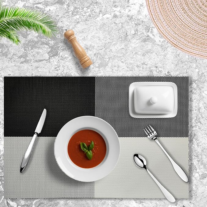 Placemats Set of 4 - Washable Woven Vinyl Placemats, Heat Resistant, Non-Slip, Easy to Clean Water Resistant Table Mats for Indoor/Outdoor Dining, Kitchen, Patio (4, Black White Square)