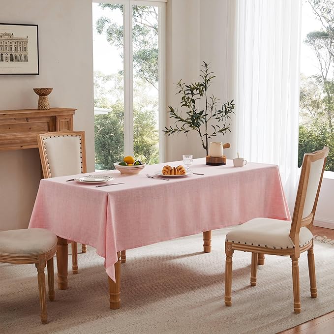 Linen Tablecloth for Rectangle Table, 60x104 Inch Pink, Farmhouse Style Pink Tablecloth, Water Resistant Burlap Tablecloths for Dining Table Farmhouse Kitchen