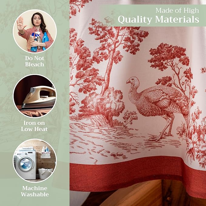 Maison d' Hermine Table Cloth Round Table 100% Cotton 63 Inches Fall Tablecloth Reusable Everyday Use for Thanksgiving Christmas Decorations Dining Farmhouse Party (Holy Jouy - Red)