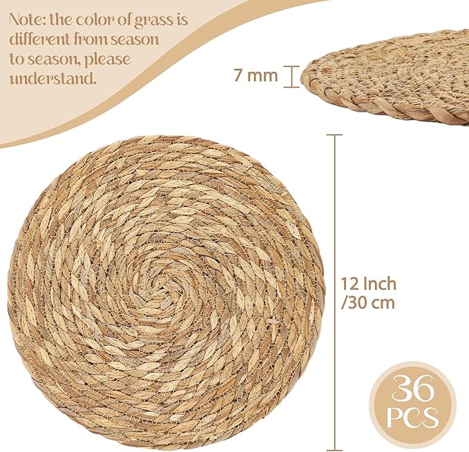 Aneco 36 Pack 12-Inch Round Woven Placemats Natural Hand-Woven Boho Rattan Wicker Bulrush Placemat Farmhouse Rustic Braided Table Mats for Dining & Kitchen Decor