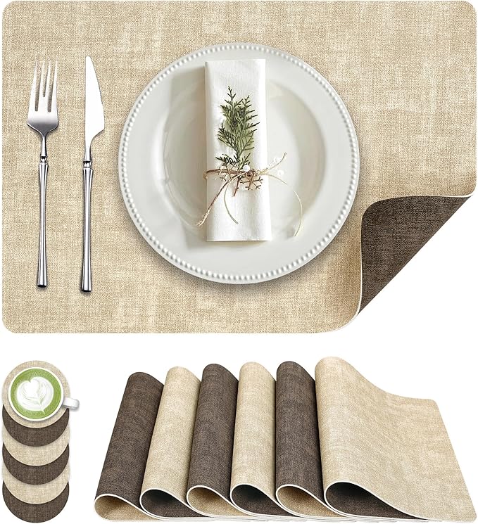 Placemats Set of 6, Faux Leather Heat Resistant Wipeable Placemats, Dual Sided Waterproof Washable Table Mats with Coaster, Suitable for Kitchen, Dining, Table Decor (6, Beige Dark Coffee)