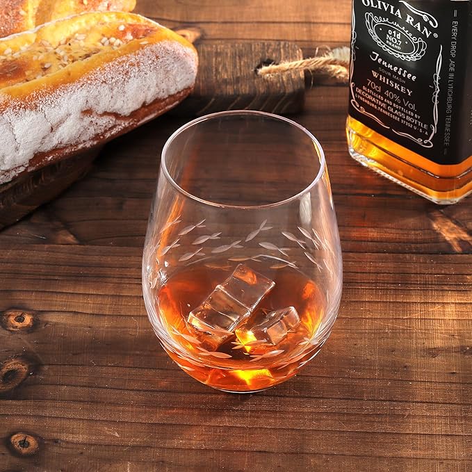 Joeyan Etched Stemless Wine Glasses,Hand Blown Drinking Glass Cups Wine Tumbler with Fish School Patterns,Carved Large Cocktail Whiskey Glasses,Gift for Party Wedding,17.5 oz,Dishwasher Safe