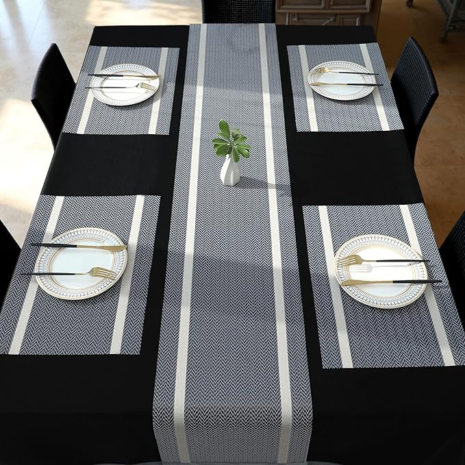 FAVE Placemats Set of 12 Blue Placemats Woven with Golden Thread Durable and Wipeable Vinyl Place Mats Heat Resistant Table Mats Set of 12 for Kitchen Table (Blue, 12"x18"-12PCS)