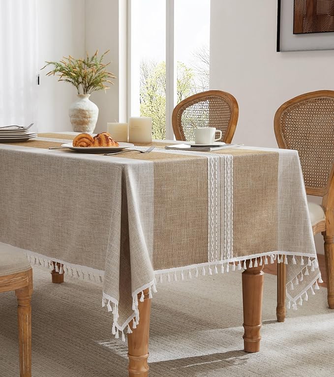 ZeeMart Contrast Linen Table Cloth Square Table Cloths 52x52 Inch Mid-Stripe Brown, Farmhouse Style Heavy Weight Beige Tablecloth, Water Resistant Burlap Tablecloths