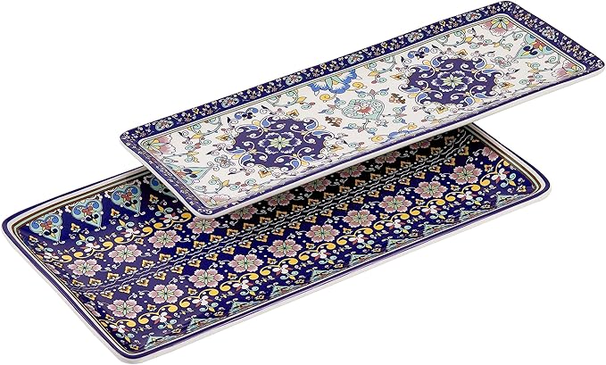 Bico Mandala Kaleidoscope Ceramic 14 inch Rectangular Serving Platter, Set of 2, for Serving Salad, Pasta, Cheese, Ham, Appetizer, Microwave & Dishwasher Safe