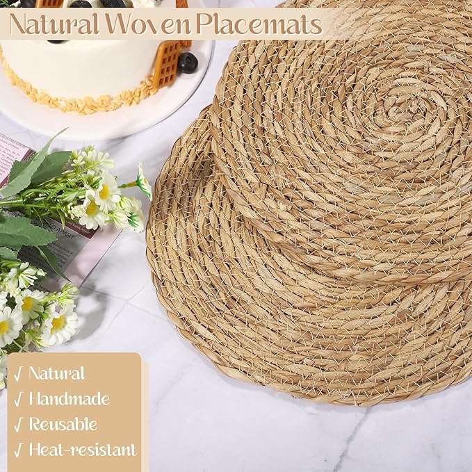 Aneco 48 Pack 12-Inch Round Woven Placemats Natural Hand-Woven Boho Rattan Wicker Bulrush Placemat Farmhouse Rustic Braided Table Mats for Dining & Kitchen Decor
