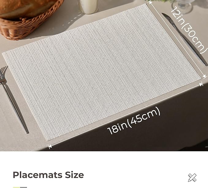Leetaltree Luxury White and Silver Woven Placemats Set of 4 - Waterproof Washable Textured Table Mats for Wedding, Anniversary, Daily Use - Sparkling Metallic Thread Table Decor - Hand-Cut