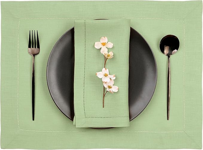 D'Moksha Homes Sage Green Linen Cloth Placemats Set of 6-100% Pure Linen Hemstitch Placemats 14 x 19 Inch - Classic Hemstitch Table Place Mats for St Patricks Day, Easter - Machine Washable