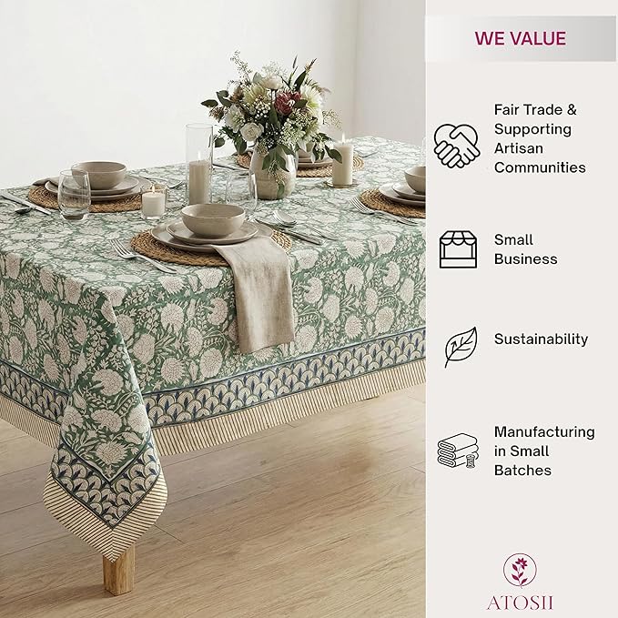 ATOSII Jade 100% Cotton Rectangle Boho Fall Tablecloth, Handblock Floral Table Cloth Linen for Kitchen Dining I Parties Wedding Outdoors Thanksgiving Easter Picnics I 72 X 108 Inches I 8 Seater