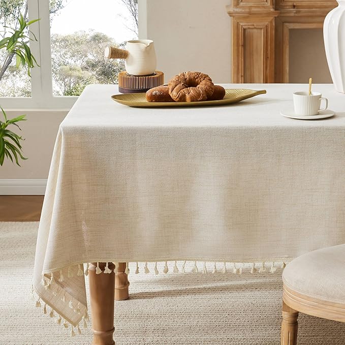 Linen Tablecloth with Tassels, Farmhouse Style Light Beige Tablecloth, Water Resistant Burlap Tablecloths for Rectangle Table, 60x120 Inch Light Tan