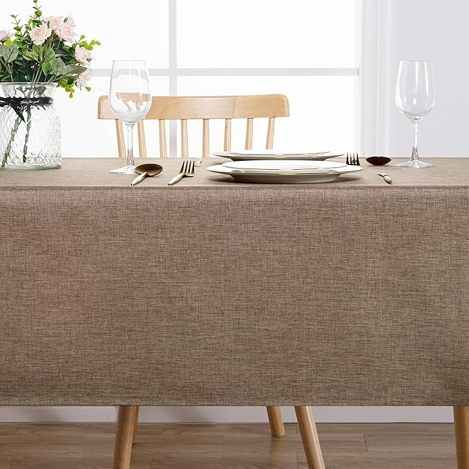Hiasan Faux Linen Rectangle Tablecloth - Wrinkle and Stain Resistant Washable Table Cloth for Kitchen Dining Room Holiday Table Cover for Dinner, Khaki, 70 x 120 Inch