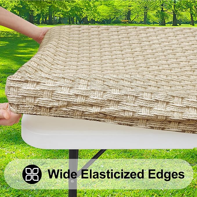 Smiry Rectangle Table Cloth Cover, Waterproof Elastic Fitted Picnic Tablecloth for 4 Foot Tables, Wipeable Flannel Backed Vinyl Tablecloths for Camping, Dining, Outdoor (Sand, 30" x 48")