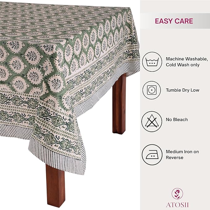 ATOSII Kari Green 100% Cotton Rectangle Fall Tablecloth, Block Print Floral Table Cloth Linen for Dining, Parties, Outdoors, Christmas, Thanksgiving, Grandmillennial Decor 60 X 90 Inches I 6 Seater
