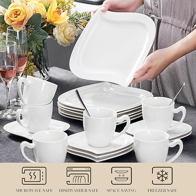 MALACASA Ivory White Dinnerware Set, 30-Piece Porcelain Dishes Dinnerware Sets, Dinner Set with Plates and Bowls, Cups and Saucers Set, Dishes Set Tableware, Dinnerware Set for 6, Series Elvira