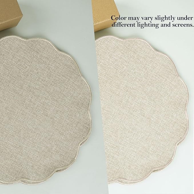 AHHFSMEI Round Faux Linen Placemats Set of 4 Waterproof Table Mats Heat Resistant Non-Slip and Stain Proof for Kitchen Dining Elegant Decor (Beige,4)