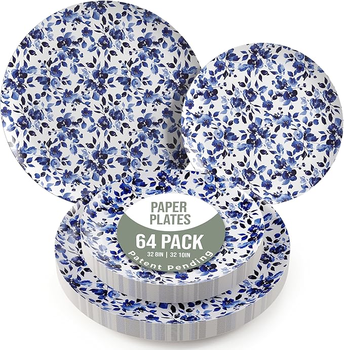 Trendables Heavy Duty Paper Plates Set For 32 Guests - 32 Each Of 8-inch And 10-inch Disposable Plates For Party - Fancy 64 Piece Dinnerware Set For All Occasions | Floral Design, Bluebelle