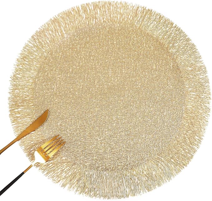 FAVE Round Gold Vinyl Placemats Set of 4, Washable Hollow Out Fringe Place Mats for Wedding, Party, Birthday, Restaurant Decor and Daily Dining(15 inch)