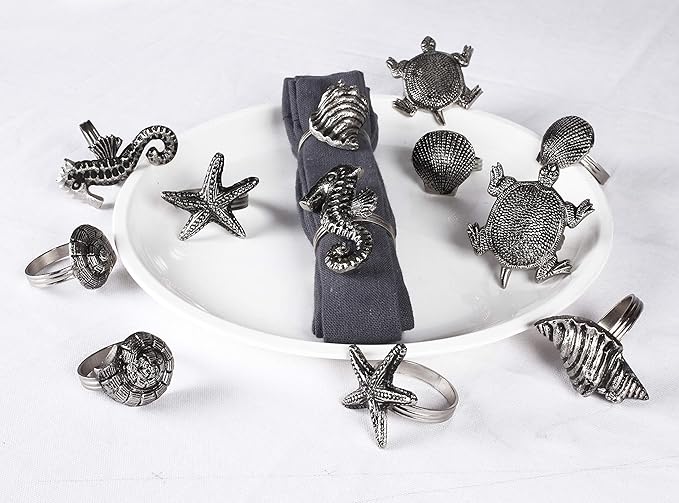 ALPHA Living HOME Napkin Rings Set of 12, Premium 100% Metal, Rust-Resistant Tabletop Décor - Antique Coastal Sea Shell Napkin Holdersfor Family Dinner, Wedding, Party, Decorations - Antique Silver