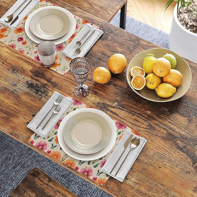 Herbs and Wild Flowers Spring Placemats, Seasonal Summer Placemats 12x18 Inch Waterproof Non-Slip Washable Table Mats for Kitchen Dining Party Table Decor,Set of 6
