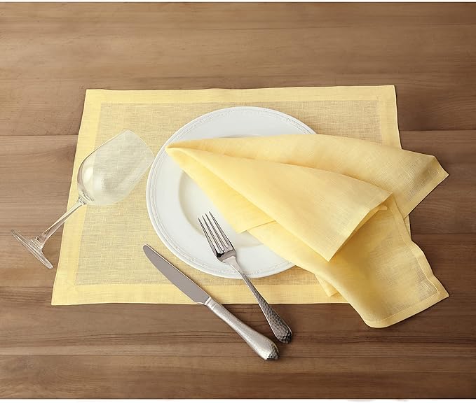 Solino Home Linen Yellow Placemats Set of 4-100% Pure Linen Placemats 14 x 19 Inch for Spring, Easter - Fete