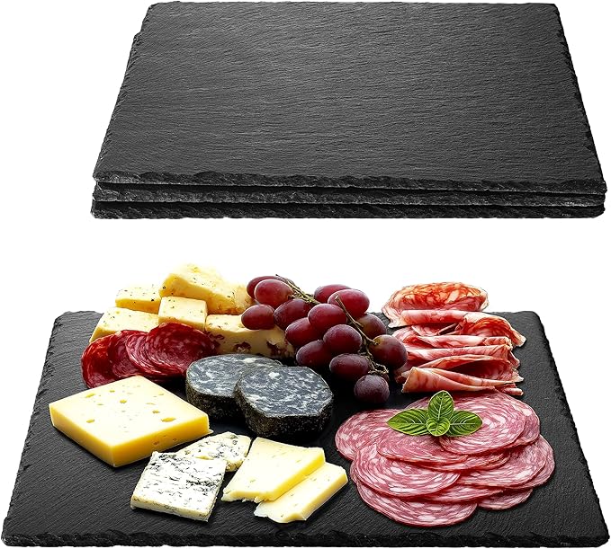 Navaris Slate Plates - Food Contact Safe Black Stone Plates - Charcuterie Boards Serving Plate - Stone Slate Slab Platter Cheese Board - Set of 4-15 x 11 (38 x 28 cm)