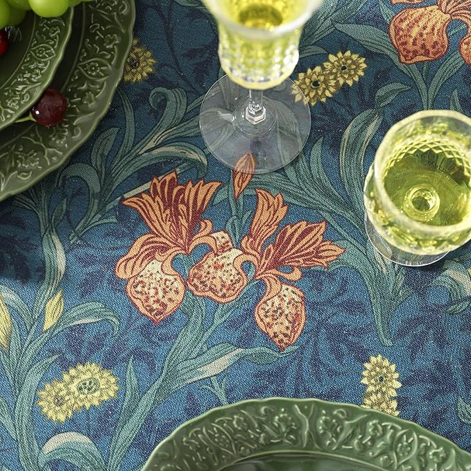 patdrea Designer Dark Blue Linen Square Tablecloth,Vintage French Rustic Floral Pattern Tablecloths,Decorative Table Cover Cloth for Kitchen,Dining,Tea Party,Home,Christmas,67"*67"