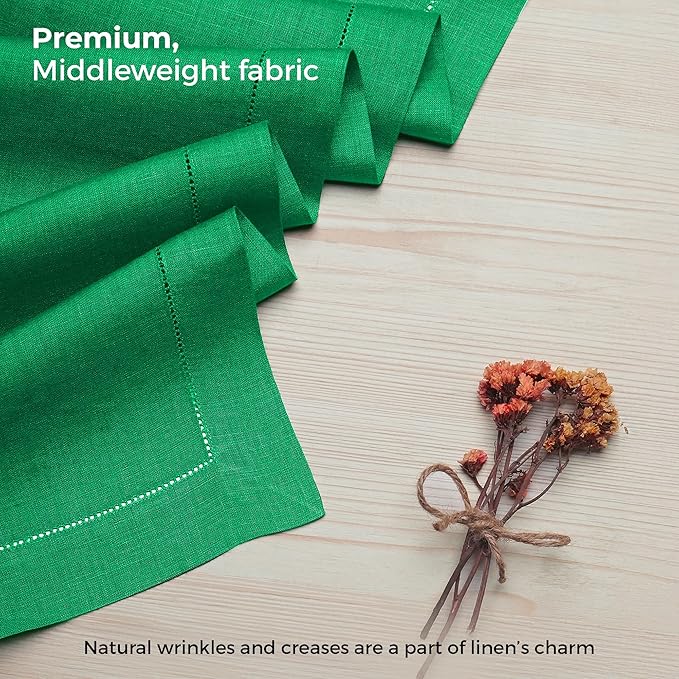D'Moksha Homes Linen Kelly Green Table Runner 108 Inches Long - 100% Pure Linen 14 x 108 Inch Table Runner for St Patricks Day, Easter - Classic Hemstitch