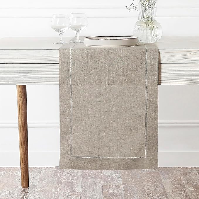 D'Moksha Homes Linen Natural Table Runner 60 Inches - Classic Hemstitch, 100% Pure Linen Coffee Table Runner 14 x 60 Inch Ideal for Dresser Tables, Valentines, Spring, Easter