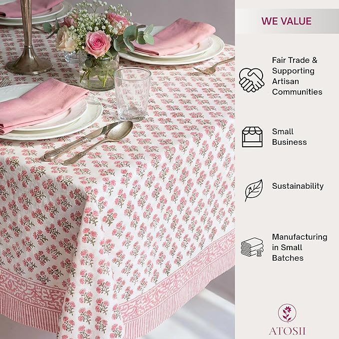 ATOSII Gulbahar White Pink 100% Cotton Fall Rectangle Tablecloth, Hand Block Print Washable Table Cover, Christmas Parties Buffet Dining, Weddings, Thanksgiving, Easter Decor 72 X 140 Inches 12 Seater
