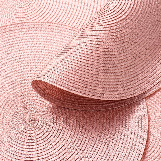 AHHFSMEI Round Braided Placemats 15 Inch Round Table Mats for Dining Tables Natural Woven Heat Resistant Place mats Set of 6 (Pink)