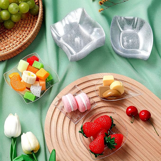 Tessco 800 Pcs Mini Appetizer Plates Set Including 400 Disposable Dessert Plates Assorted Shape 200 Mini Plastic Forks 200 Plastic Spoons for Party(Clear, Silver,Classic)