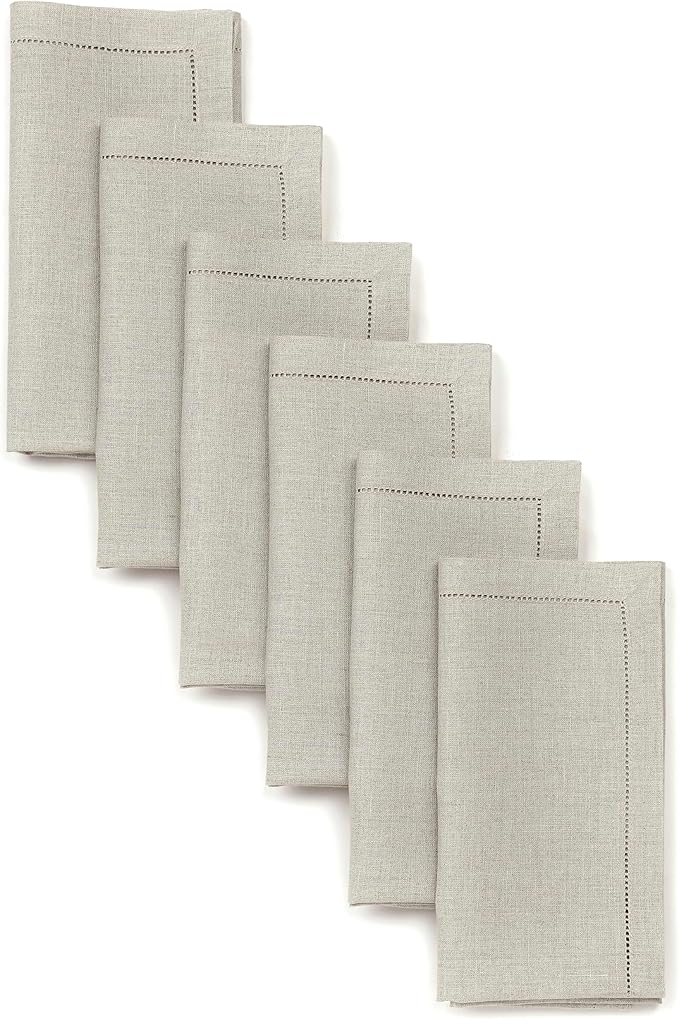 D'Moksha Homes Natural Linen Napkins Set of 6 - Classic Hemstitch 100% Pure Linen Hemstitch Dinner Napkins 20 x 20 Inch for Valentines, Spring, Easter - Handcrafted and Machine Washable