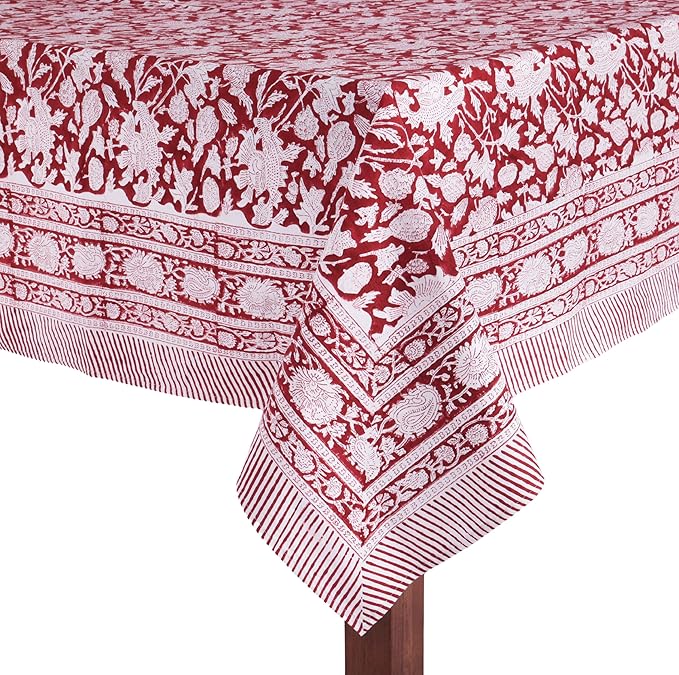 ATOSII Meraki Red 100% Cotton Tablecloth, Handblock Print Rectangle Table Cover for Kitchen Dining I Tabletop Linen I Thanksgiving, Christmas, Wedding, Fall Table Cloth 72 X 120 Inches I 10 Seater