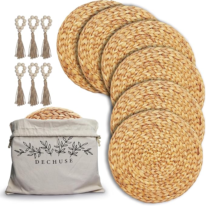 Round Woven Placemats Set of 6 (14 Inch) with Napkin Rings & Canvas Bag – Water Hyacinth Boho Farmhouse Table Mats, Heat Resistant Natural Wicker Chargers for Dining Table Decor by DECHUSE