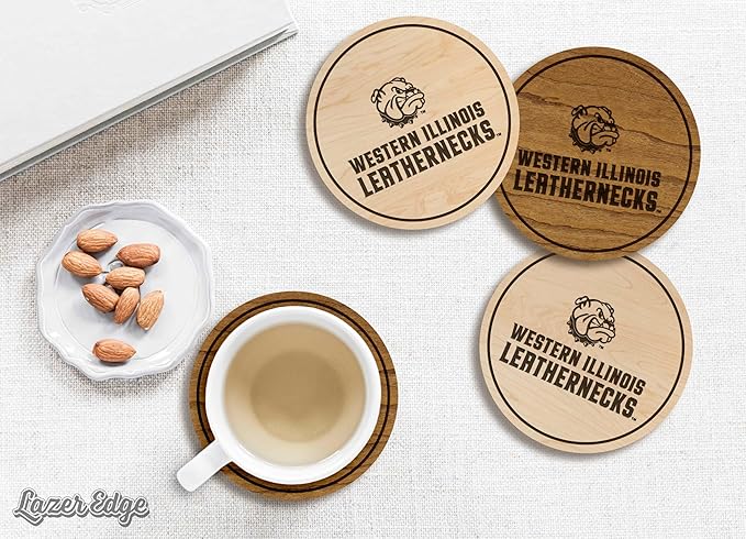 LazerEdge Western Illinois Leatherbacks Wooden Coaster Set - Maple Wood - Officially Licensed Product - 4-Pack