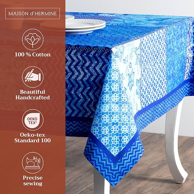 Maison d' Hermine Table Cloth Rectangle Table 100% Cotton 60 x 108 Inches Tablecloth Reusable Decorative for Dining Room Farmhouse Home Valentines Day Decorations Spring Summer - Indigo Love