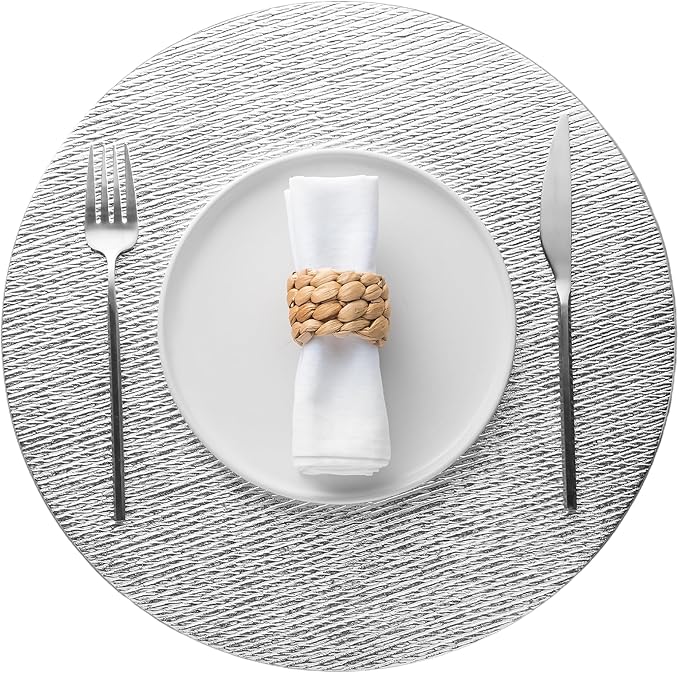 Jovono 15" Faux Leather Big Round Placemats Set of 4 - Washable Heat Resistant Non-Slip Dining Table Mats with Fabric Texture for Kitchen Home Party Wedding Decor, Silver