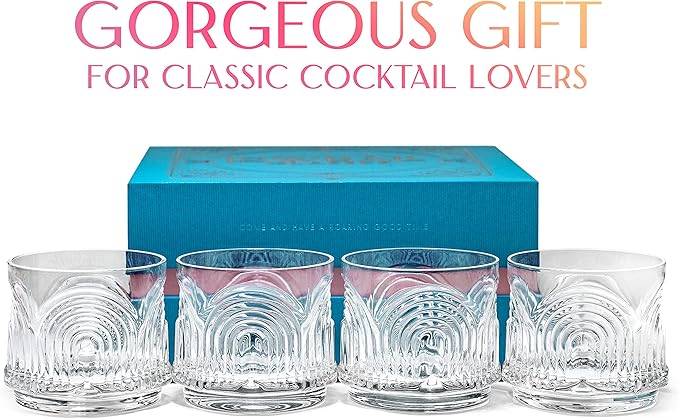 GLASSIQUE CADEAU Vintage Art Deco 1920s Lowball Cocktail Glasses | Set of 4 | 9 oz Crystal Old Fashioned Glassware for Drinking Classic Bar Drinks | Heavy Base Short Rocks Tumblers for Women