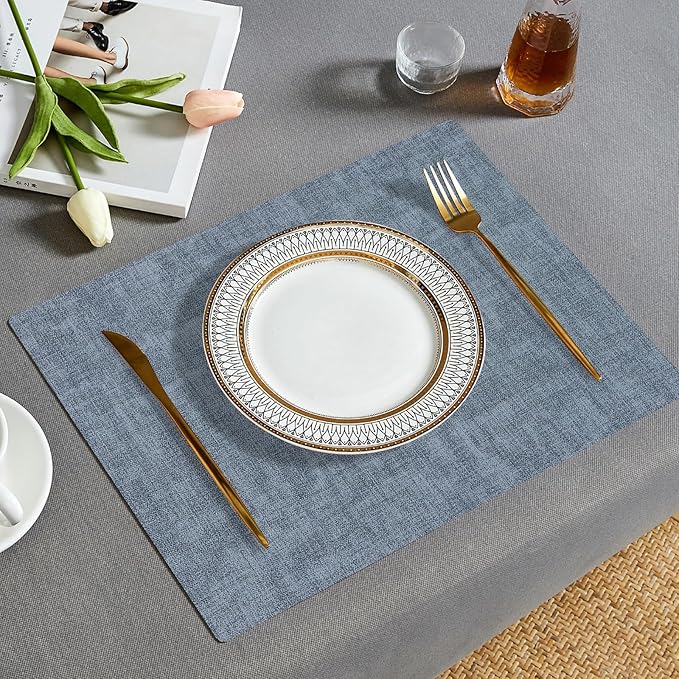 Faux Leather Placemats Set of 6, Heat Resistant Wipeable Washable Vinyl Place Mats, Waterproof Anti-Slip Dining Table Mats, Suitable for Indoor & Outdoor Use (Blue)