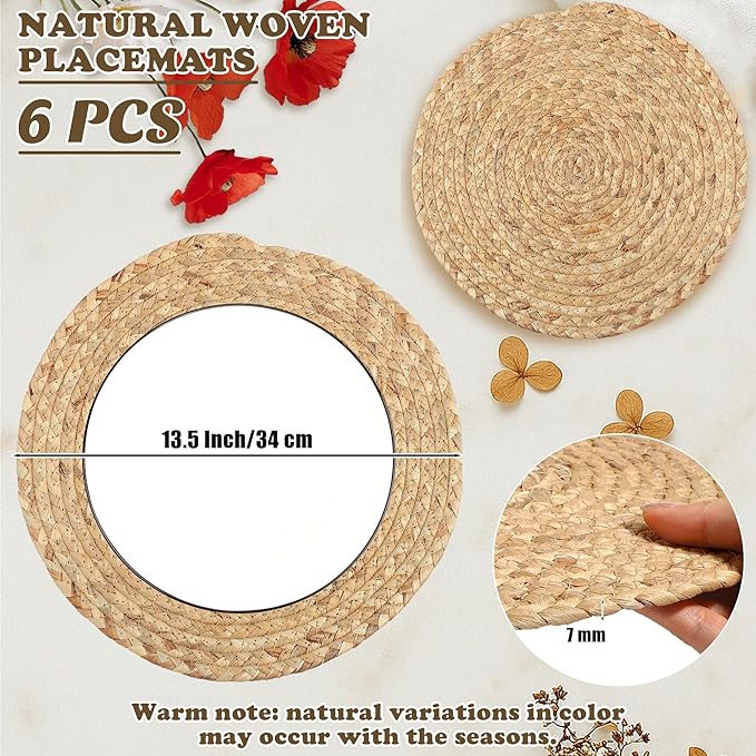 Kochorie Set of 6 Round Woven Placemats 13.5-Inch Natural Water Hyacinth Plant Placemats Hand-Woven Boho Rattan Placemat Wicker Weave Table Mats for Home Dinner Plates Holiday Supplies