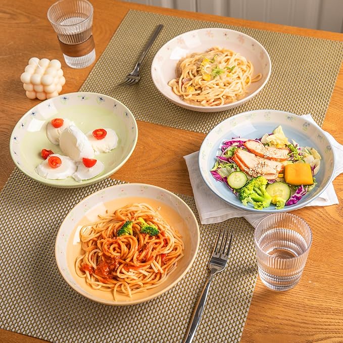 Handmade 8.4'' Ceramic Large Pasta Bowls Set of 4 – 35oz Floral Salad Bowls for Pasta, Soup, Noodles, Salad & Dinner – Microwave, Dishwasher & Oven Safe – Spring Blossom