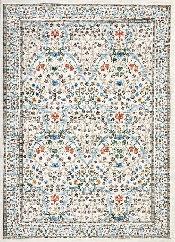 GarveeHome 8x10 Area Rugs, Washable Rugs for Living Room Non Slip Stain Resistant Ultra Soft Floral Rug, Boho Carpet Floor Mat for Bedroom Dining Room Nursery Playroom Office, Beige