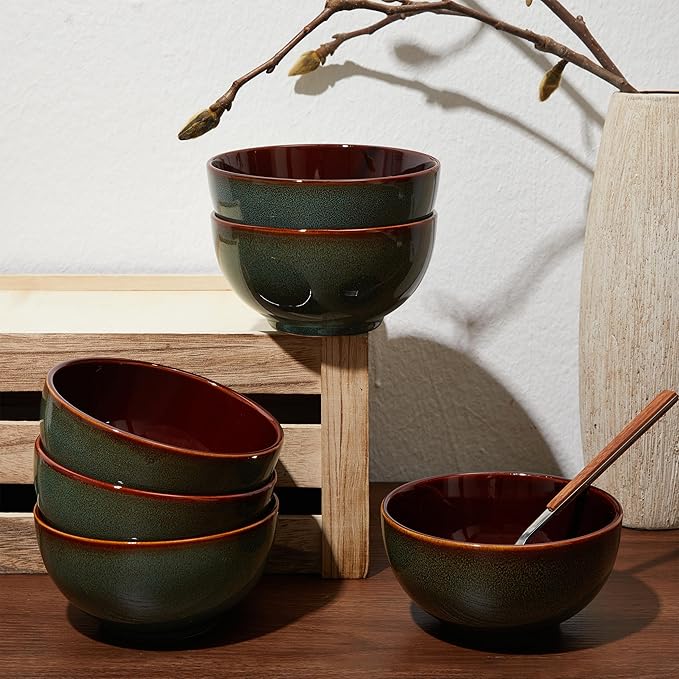 5.5" Cereal Bowls & Dessert Bowls Set of 6-22 Oz Small Bowls for Kitchen-Ceramic Bowl for Cereal, Soup, Oatmeal, Salad, Ramen, Noodle, Rice, Yogurt-Dishwasher & Microwave Safe, Brown Green