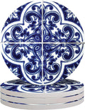 4-Piece Round Absorbent Ceramic Coaster Set with Cork Base – Durable Drink Coasters for Mugs, Cups, and Tabletop Protection (Azulejos)