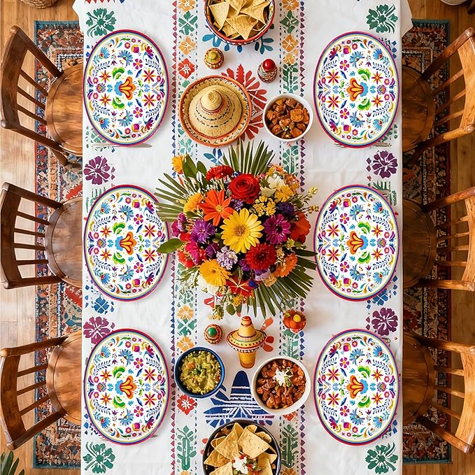 50Pcs Mexican Fiesta Oval Paper Plates 10" x 12" Large Disposable Heavy Duty Colorful Mandala Floral Party Plates Cinco De Mayo Dessert Platters for Taco Tuesday Birthday Party Supplies Decor